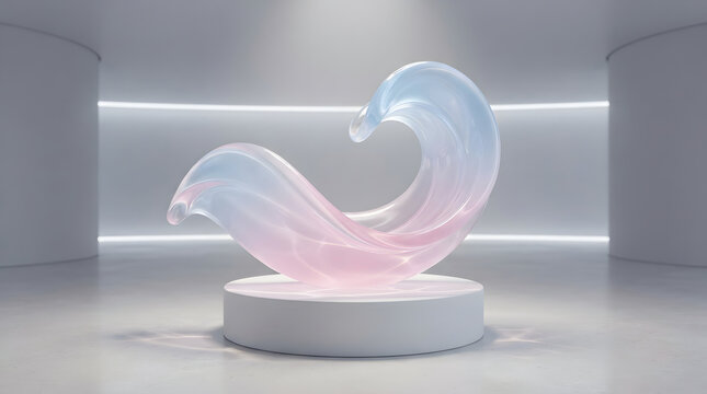 Abstract wave glass sculpture on a white pedestal in a modern studio with glass art translucent glass pink and blue flowing shape minimalist inter