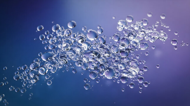 Clear water droplets splashing and floating on a blue purple surface with water splash liquid beads blue background abstract texture droplet patte