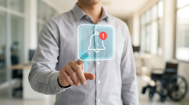 Businessman interacting with a holographic notification bell icon in office