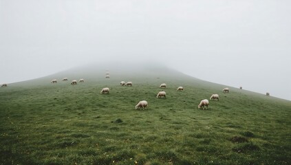 Obraz premium Flock of sheep grazing on a grassy green hillside during a thick and moody morning fog