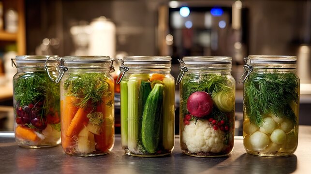 Pickled vegetables arranged in glass jars, showcasing a vibrant, homemade food concept for healthy preservation