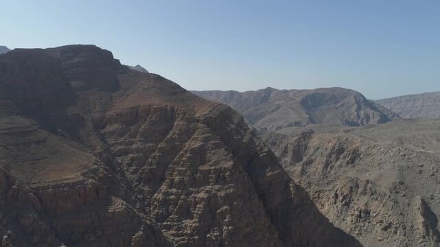 Aerial view of majestic rocky mountain landscape in Jebel Jais region of Ras Al Khaimah.