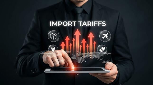 Businessman interacting with digital tablet showing import tariffs and trade data