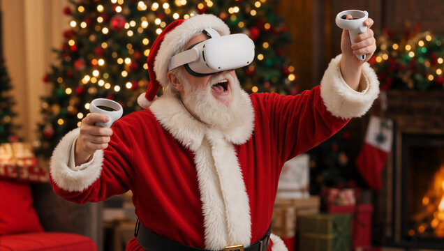 Santa Claus playing with virtual reality headset. Excited old man in red suit using VR controllers near Christmas tree. Modern holiday gaming concept