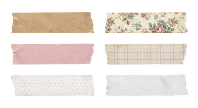 Vintage patterned washi tape paper strips, isolated on transparent background