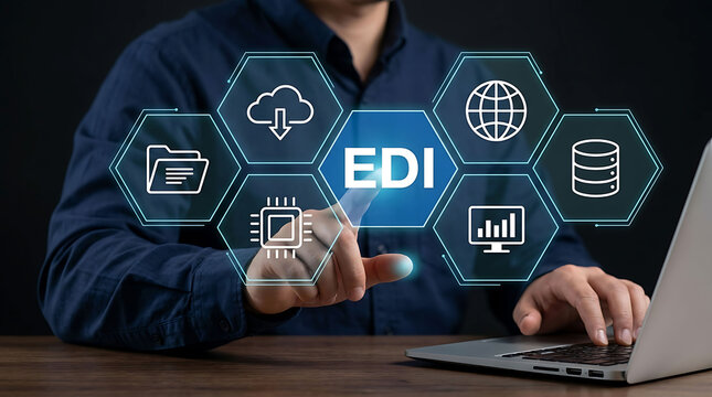 Businessman interacting with EDI technology and data transfer icons hologram
