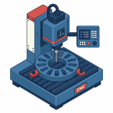 Isometric CNC milling machine drilling metal gear