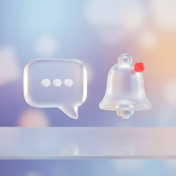 Glass communication bubble and notification bell icons on soft focus background with speech bubble glass icon social media message alert 3D render