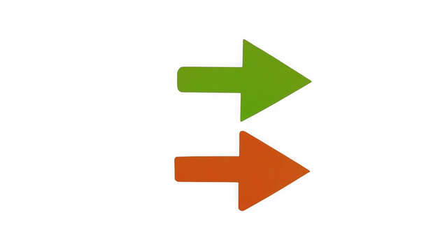 Two horizontal arrows in bright green and orange colors pointing to the right side isolated on a solid black background, for directional signage isolated on a transparent background
