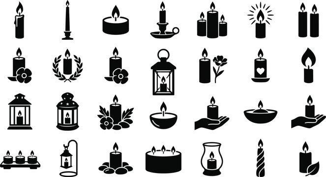 Remembrance Candle Light Silhouette Icon Set for Poppy Day Memorial