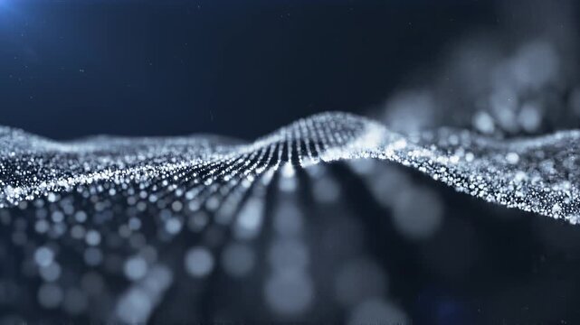 Abstract digital data landscape with glowing particles moving smoothly in a dark blue environment