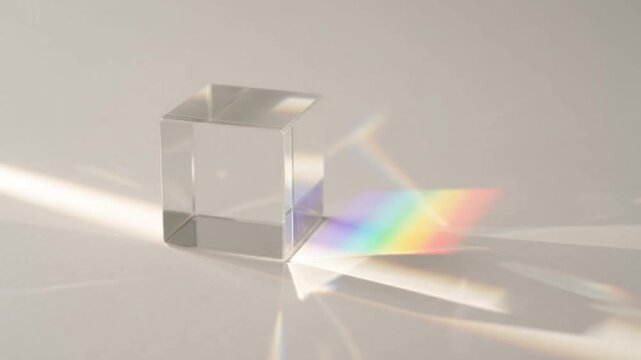 Clear glass cube refracting bright white light into vibrant rainbow spectrums across a clean surface in this high quality video