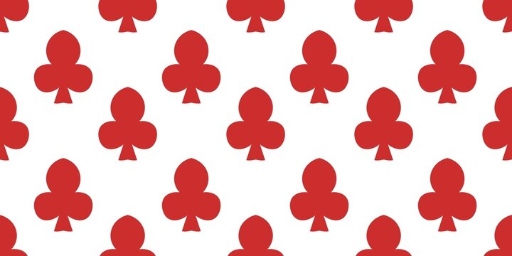 Seamless pattern of red playing card club suit symbols isolated on a white background.  illustration for casino, poker, game design, and background