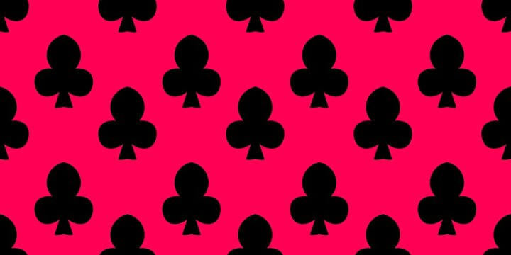 Bold black clubs suit playing card symbols seamless pattern on vibrant hot pink background. High contrast graphic texture