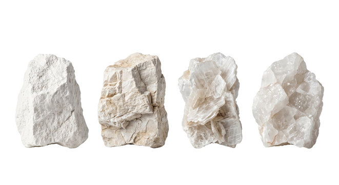 White raw crystal stones and calcite minerals, isolated on transparent background