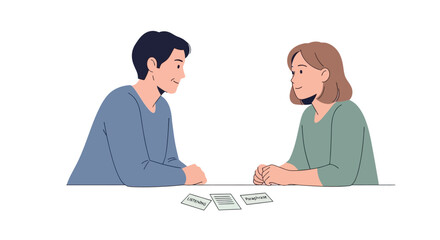 Fototapeta premium Couple playing card game, sitting at table, communicating and smiling, leisure activity