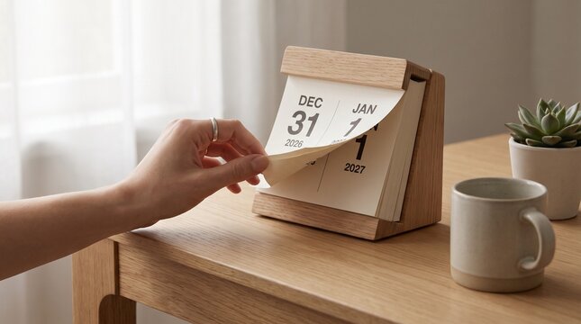 Hand turning calendar page from December 31 2026 to January 1 2027