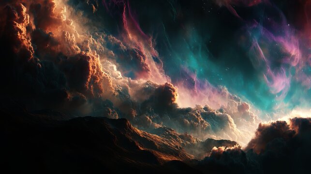 Vibrant cosmic nebula swirls with fiery orange, turquoise, and lavender tones, depicting a stellar expanse concept