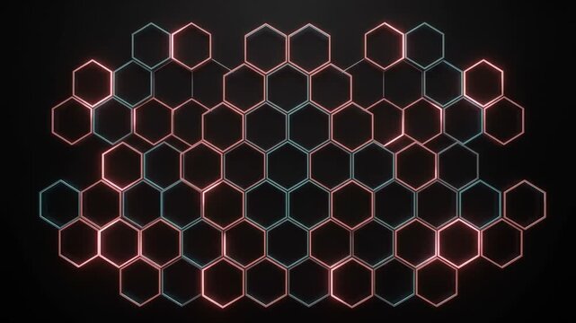 Futuristic glowing hexagon grid, digital technology honeycomb pattern with red and blue neon light, abstract geometric data background