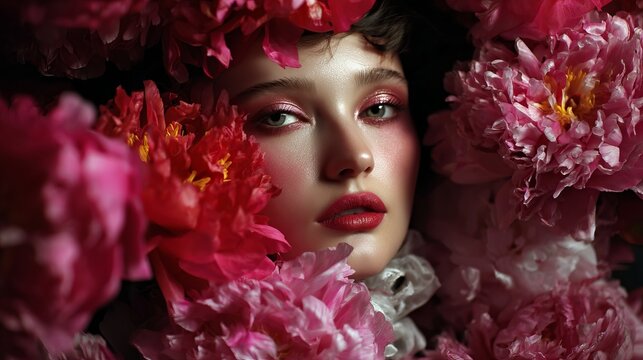Vibrant red and pink peony blossoms partially obscure a woman&rsquo;s face, creating a dreamy, romantic, floral portrait concept
