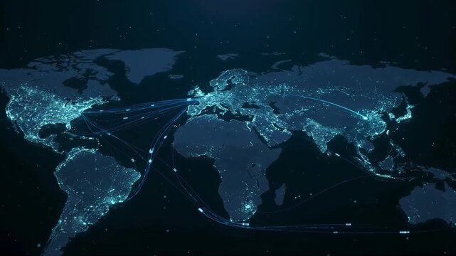 Digital transactions travel across a connected world network, illustrating global payments, international finance, fintech, and secure cross border commerce.