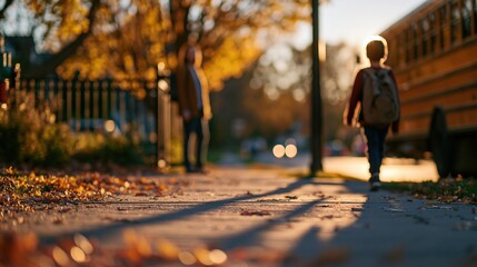 Obraz premium Child with backpack walking toward school bus as parent watches by gate in morning sunlight