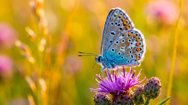 Common Blue Butterfly Perched on Purple Flower in Golden Meadow