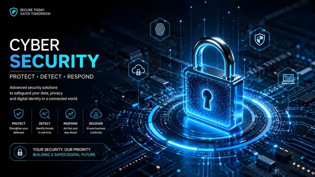 Cyber security concept with a glowing digital padlock on a circuit board background