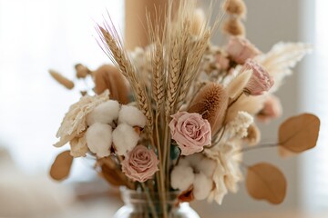 Obraz premium The Dried Cotton and Pink Rose Bouquet in a Glass Vase