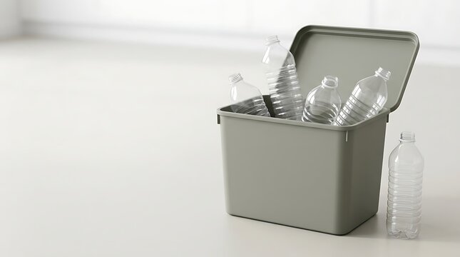 Grey recycling bin filled with empty plastic bottles for waste management and environmental sustainability, minimalist indoor waste collection concept.