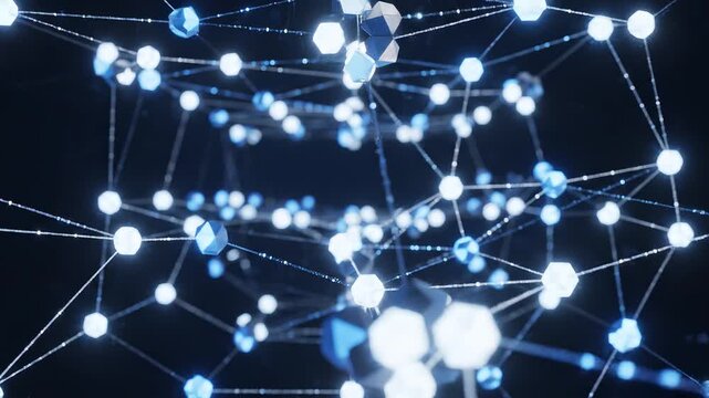 Abstract glowing network nodes moving with cinematic depth and blue light for technology concepts