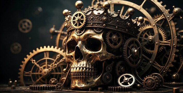 Golden steampunk skull wears ornate crown with many gears. Intricate mechanical parts, metal cogs surround human bone head. Luxury vintage art style features detailed brass machinery, clockwork