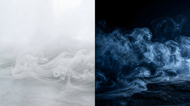 Contrast of Smoke: A split-screen image showcases the ethereal beauty of smoke, with the left side displaying wisps of white vapor on a light surface.