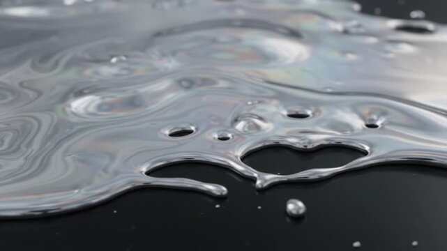 Molten liquid silver mercury flowing across a dark reflective surface creating mesmerizing patterns in this high quality abstract motion video