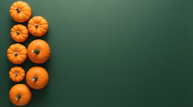 Top view of various orange pumpkins arranged in a column on a solid dark green background with copy space