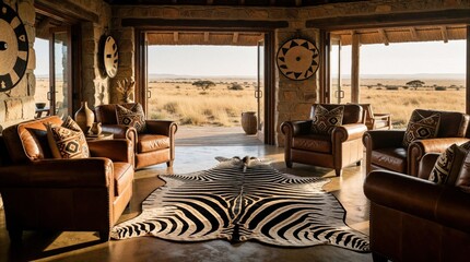 Fototapeta premium Luxury safari lodge lounge with leather armchairs, zebra rug. Elegant interior design overlooks African savanna plains through open doors. High end hotel room features ethnic pattern pillows, stone