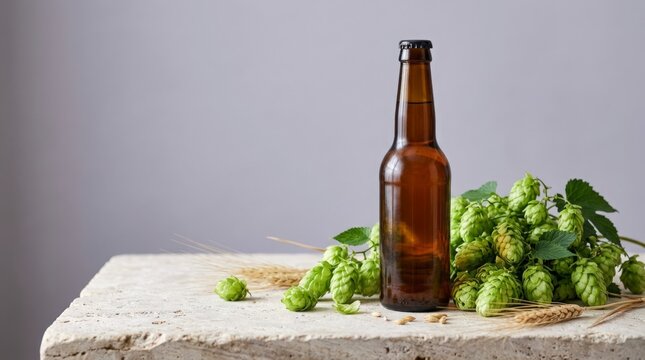 Brown glass beer bottle standing next to a pile of fresh green hop cones on a textured stone surface against a plain light grey background wall