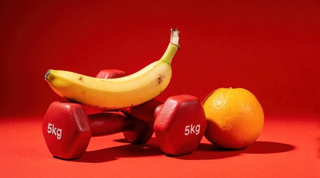 Ripe banana and orange rest on red 5kg dumbbells. Fruit and weights composition on vibrant red studio background. Healthy active lifestyle balance.