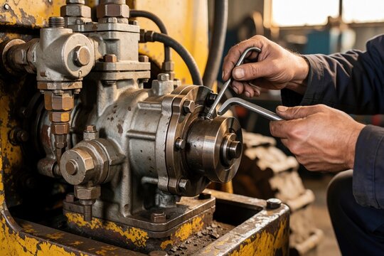 Mechanic hand tightens bolt on hydraulic pump part with L-key tool. Heavy machinery fix in workshop. Technician performs maintenance on industrial equipment using steel wrench.
