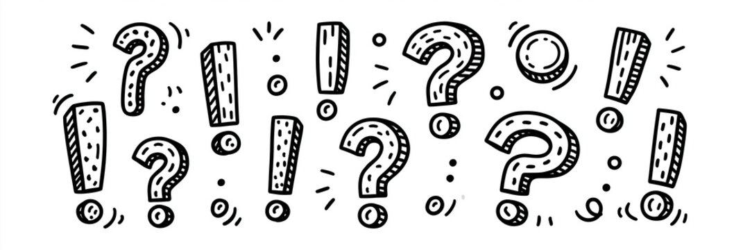 Colorful doodles of question marks and exclamation points in a playful style.