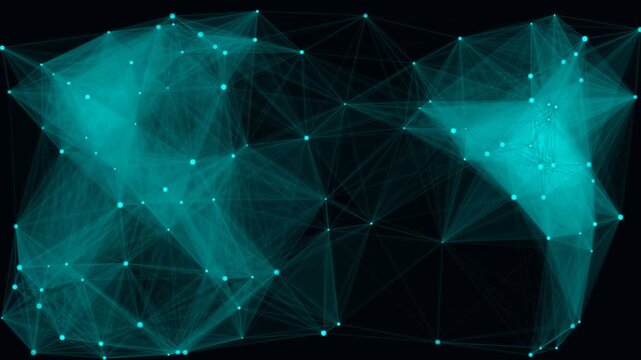 Abstract cyan poly motion background with glowing digital node network, concept for futuristic technology web presentation, modern software interface design and cyber security promotion