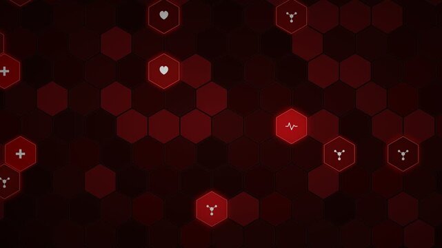 Abstract red geometric structure with glowing medical icons, poly motion background, concept for healthcare presentation design and digital science innovation promotion
