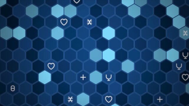 Abstract geometric pattern with glowing blue hexagons and digital symbols, poly motion background, concept for futuristic technology design, cyber security presentation and sci-fi visual effects