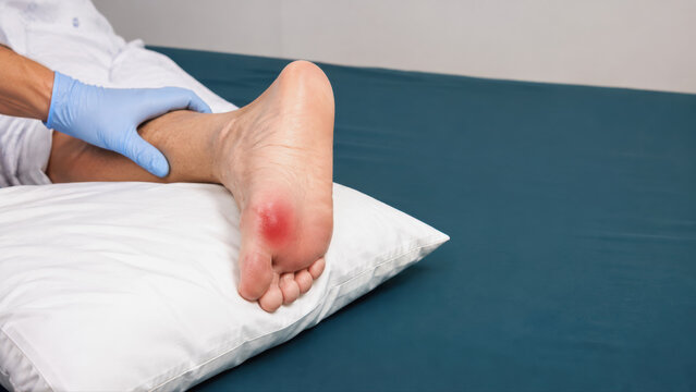 Pressure ulcer on patient heel examined by doctor in hospital room