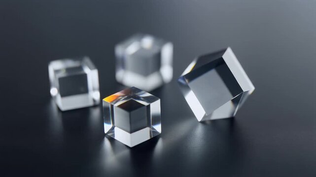 Glass cubes with clear transparency and reflections on a dark background in studio lighting