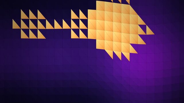 Abstract geometric triangle design with glowing gold shapes on purple background, concept for digital technology visuals, website headers and modern artistic motion graphics