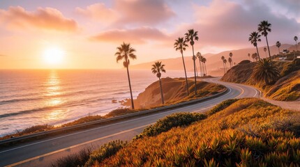 Obraz premium Coastal highway curves near ocean at golden hour sunset. Palm trees line the road with hills in background. Serene Pacific coast scenic drive.