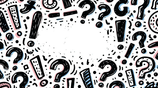 Colorful hand-drawn question and exclamation marks on a blank background.