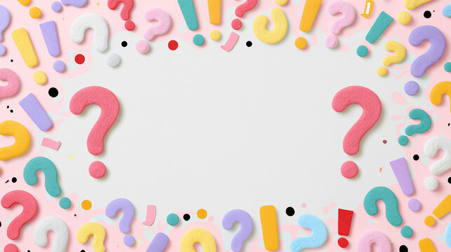 Colorful question marks and confetti border on a light background.