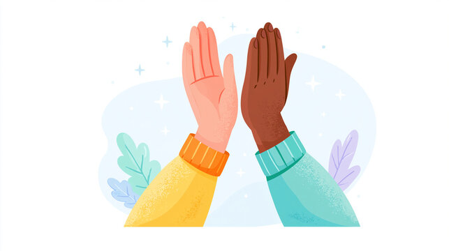 Two diverse hands coming together in a high five gesture against a playful background.